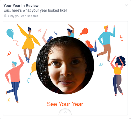 Screenshot of the Year in Review showing Rebecca's picture surrouned by illustrations of people dancing and balloons.