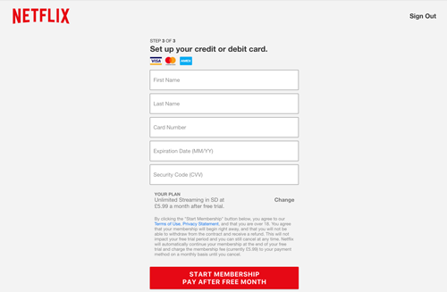 Screenshot of the form to sign up for a trial with Netflix