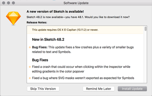 Screenshot of Sketchs update for version 48.2