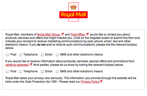 Screenshot of the ways in which Royal Mail can contact you