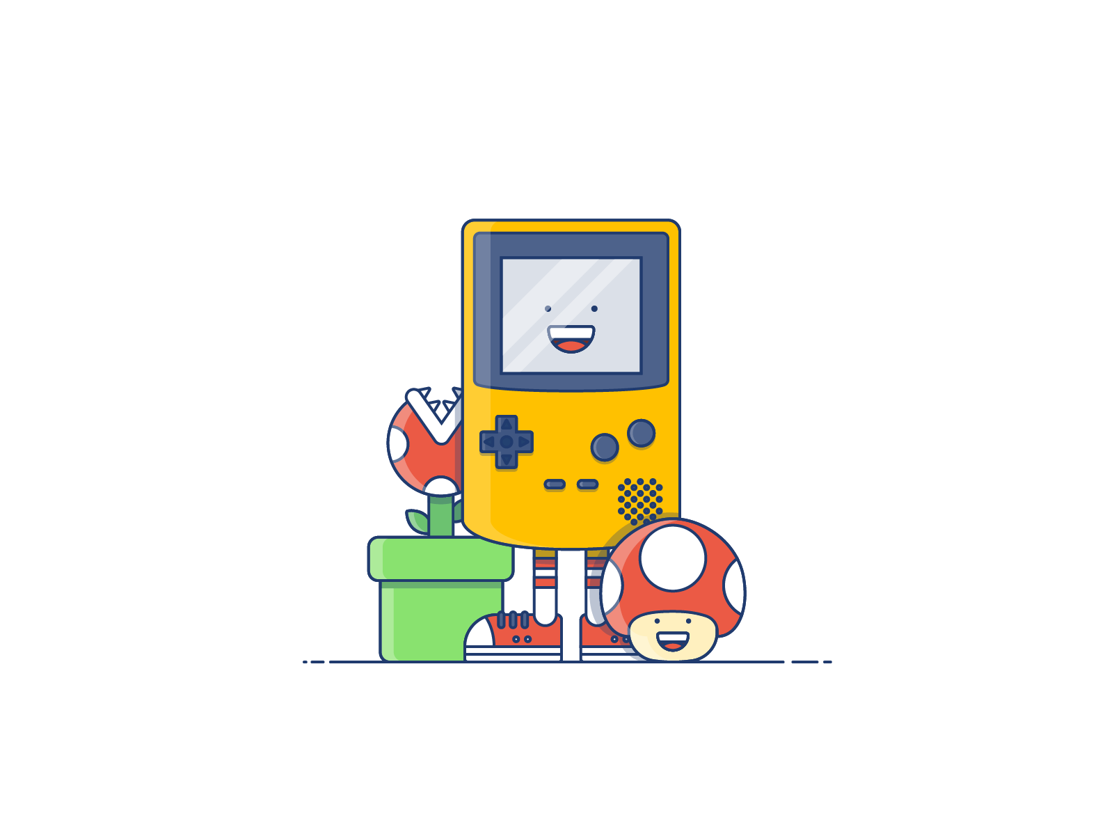 Illustration of a gameboy restyled to wear trainers and as a character