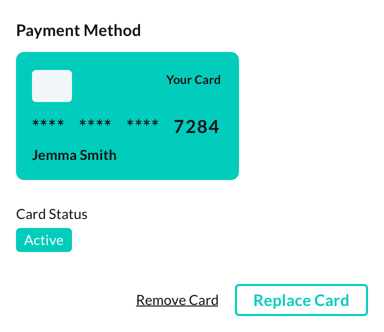 Card details displayed on a card along with the status